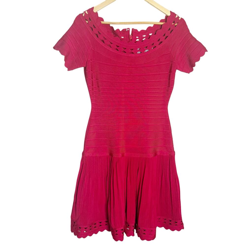 Herve Leger Berry Red Laser Cut Bandage Short Sleeve Mini Dress M